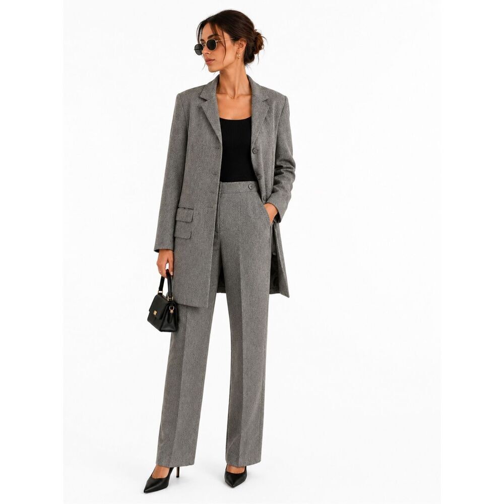 Vintage Pret A Porter Suits Gray Longline Blazer High Rise Pants Suit Set 12